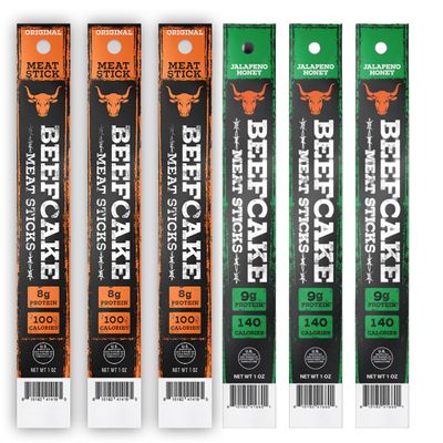 Beefcake Jerky Variety Pack Meat Sticks, Original and Honey Jalapeo Mix, 6 Pack Assorted Flavors, 8g Protein, Gluten Free Keto Friendly Protein Snacks