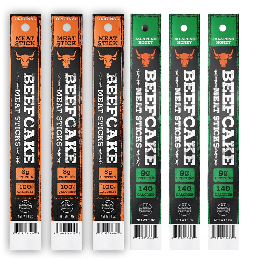 Beefcake Jerky Variety Pack Meat Sticks, Original and Honey Jalapeo Mix, 6 Pack Assorted Flavors, 8g Protein, Gluten Free Keto Friendly Protein Snacks