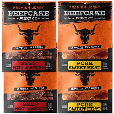 BEEFCAKE Jerky Spicy Pork Jerky Sweet Heat & Beef Hot & Spicy Meat Snacks, 9 Gram of Protein and 100 Calories 2.7 Oz | Pack of 4