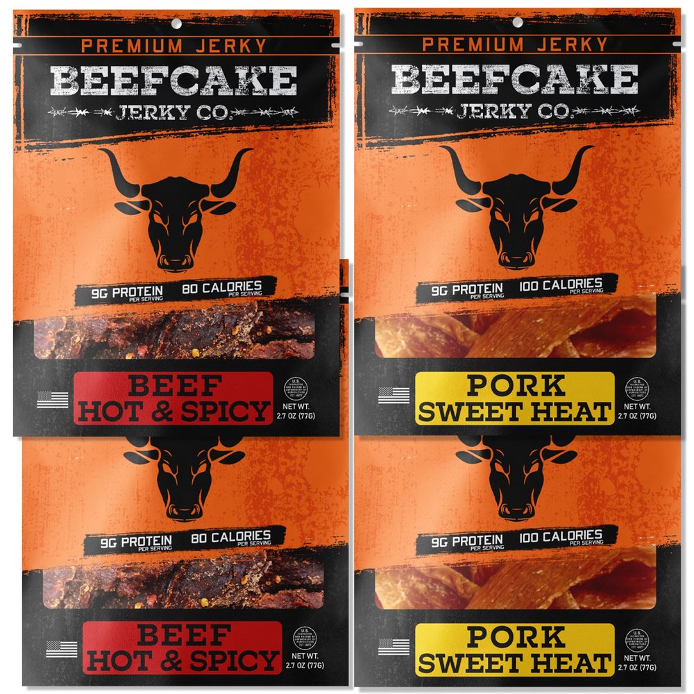 BEEFCAKE Jerky Spicy Pork Jerky Sweet Heat & Beef Hot & Spicy Meat Snacks, 9 Gram of Protein and 100 Calories 2.7 Oz | Pack of 4
