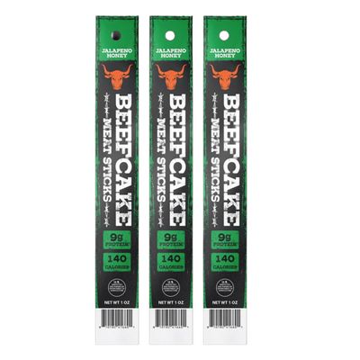 Beefcake Jalapeo Honey Beef Meat Sticks, Sweet & Spicy Hardwood Smoked Protein Snack, 9g Protein, Gluten Free, Keto Friendly, Beef & Pork Snack Sticks, Ready-to-Eat, 3 Count