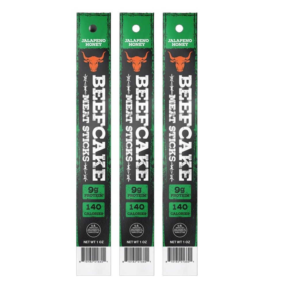 Beefcake Jalapeo Honey Beef Meat Sticks, Sweet & Spicy Hardwood Smoked Protein Snack, 9g Protein, Gluten Free, Keto Friendly, Beef & Pork Snack Sticks, Ready-to-Eat, 3 Count