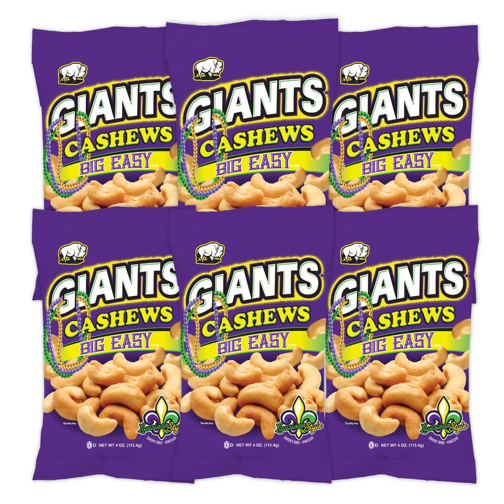 GIANTS Big Easy Cashews - Cashew Nuts Roasted, Lightly Salted, Individual Packs, Snack Bags, Smoky BBQ & Vinegar, Dry Roasted, High in Protein - 4 oz Bags (Pack of 6)