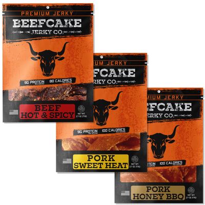 BeeFCake Jerky Sweet to Hot Meat Snack Variety Pack Beef Hot and Spicy Jerky, Pork Sweet Heat and Honey BBQ High Protein Beef Sticks and Pork Snack Assortment, Meat Snack Gift Box for Men