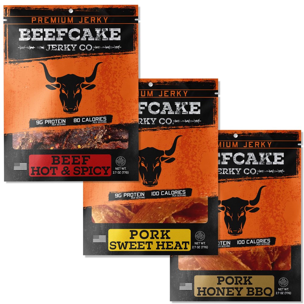 BeeFCake Jerky Sweet to Hot Meat Snack Variety Pack Beef Hot and Spicy Jerky, Pork Sweet Heat and Honey BBQ High Protein Beef Sticks and Pork Snack Assortment, Meat Snack Gift Box for Men