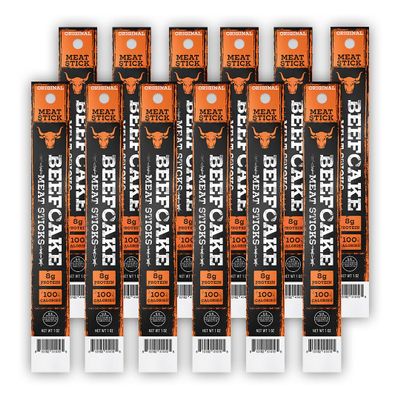 Beefcake Jerky Original Meat Sticks, Smoky Protein Snacks, 8g Protein, Gluten Free Low Calorie Keto Friendly, Premium Quality Meat Sticks - 12 Sticks