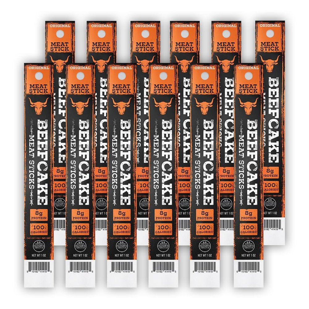 Beefcake Jerky Original Meat Sticks, Smoky Protein Snacks, 8g Protein, Gluten Free Low Calorie Keto Friendly, Premium Quality Meat Sticks - 12 Sticks