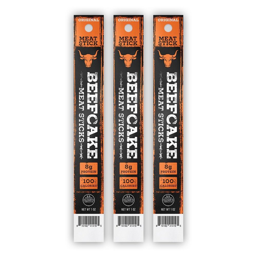 Beefcake Jerky Original Meat Sticks, Smoky Beef Protein Snacks, 8g Protein, Gluten Free Low Calorie Keto Friendly, Premium Quality Meat Sticks - 3 Sticks