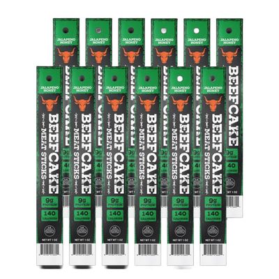 Beefcake Jalapeo Honey Beef Meat Sticks, Sweet & Spicy Hardwood Smoked Protein Snack, 9g Protein, Gluten Free, Keto Friendly, Beef & Pork Snack Sticks, Ready-to-Eat, 12 Count