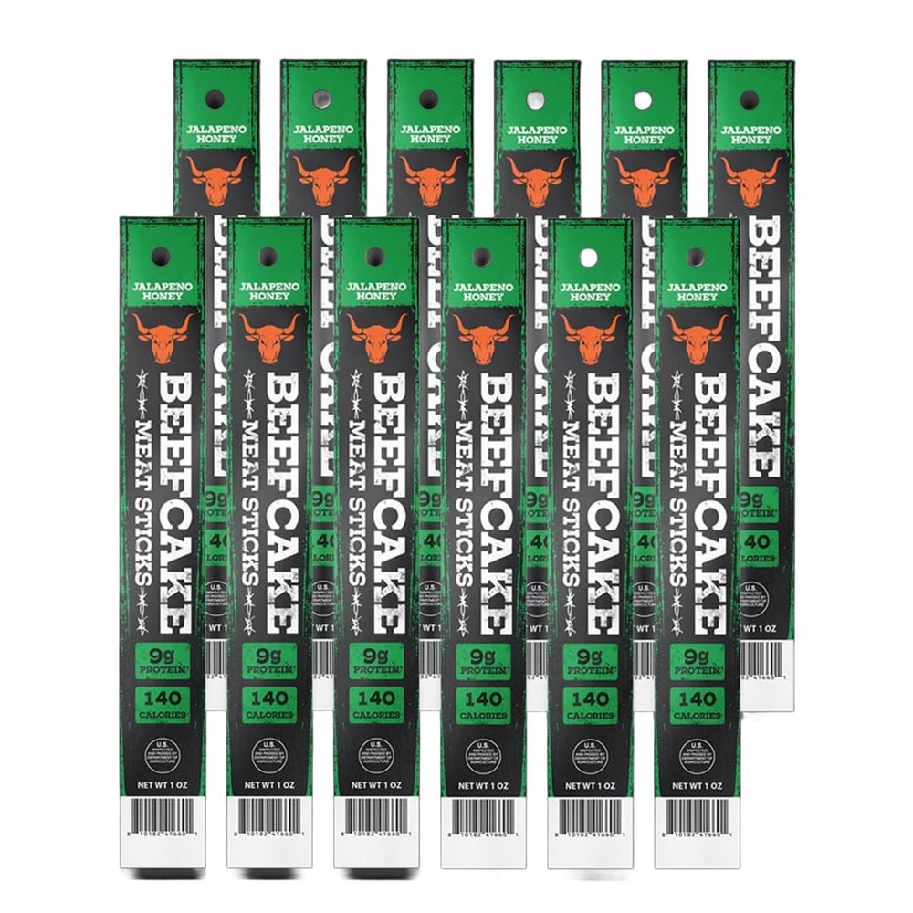 Beefcake Jalapeo Honey Beef Meat Sticks, Sweet & Spicy Hardwood Smoked Protein Snack, 9g Protein, Gluten Free, Keto Friendly, Beef & Pork Snack Sticks, Ready-to-Eat, 12 Count
