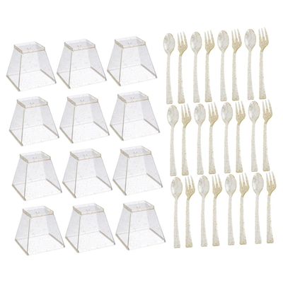 1Set Creative Party Tableware Kit Disposable Dessert Cups Spoons Forks Plastic Tasting Cups for Birthday Weddings Anniversaries Events