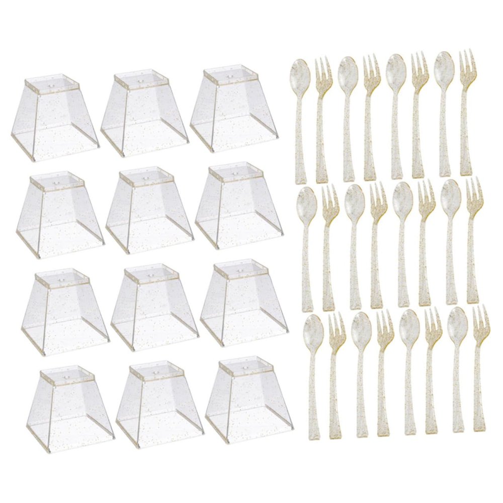 1Set Creative Party Tableware Kit Disposable Dessert Cups Spoons Forks Plastic Tasting Cups for Birthday Weddings Anniversaries Events