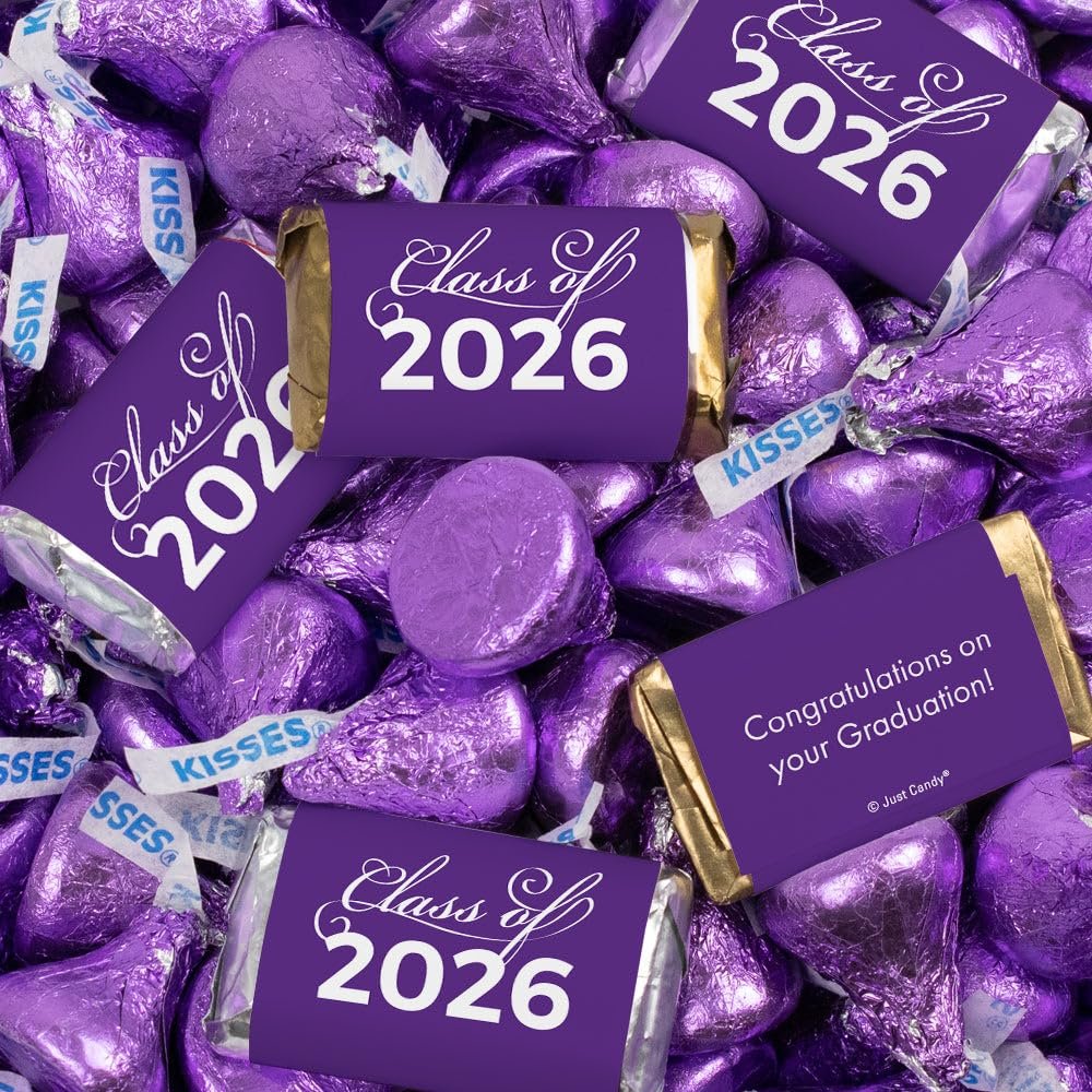 124 Pcs Purple Graduation Candy Assortment - Class of 2026 Assorted Wrapped Miniatures & Purple Foiled Kisses For Party Favors, Buffets And Gifts (1.5 lbs)