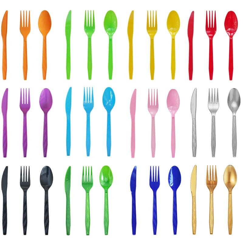 1080 Pcs Rainbow Disposable Plastic Utensils Set Mixed-colors Disposable Plastic Cutlery Set for Birthday Holiday Wedding Party Dinner Picnics Restaurant Outdoor