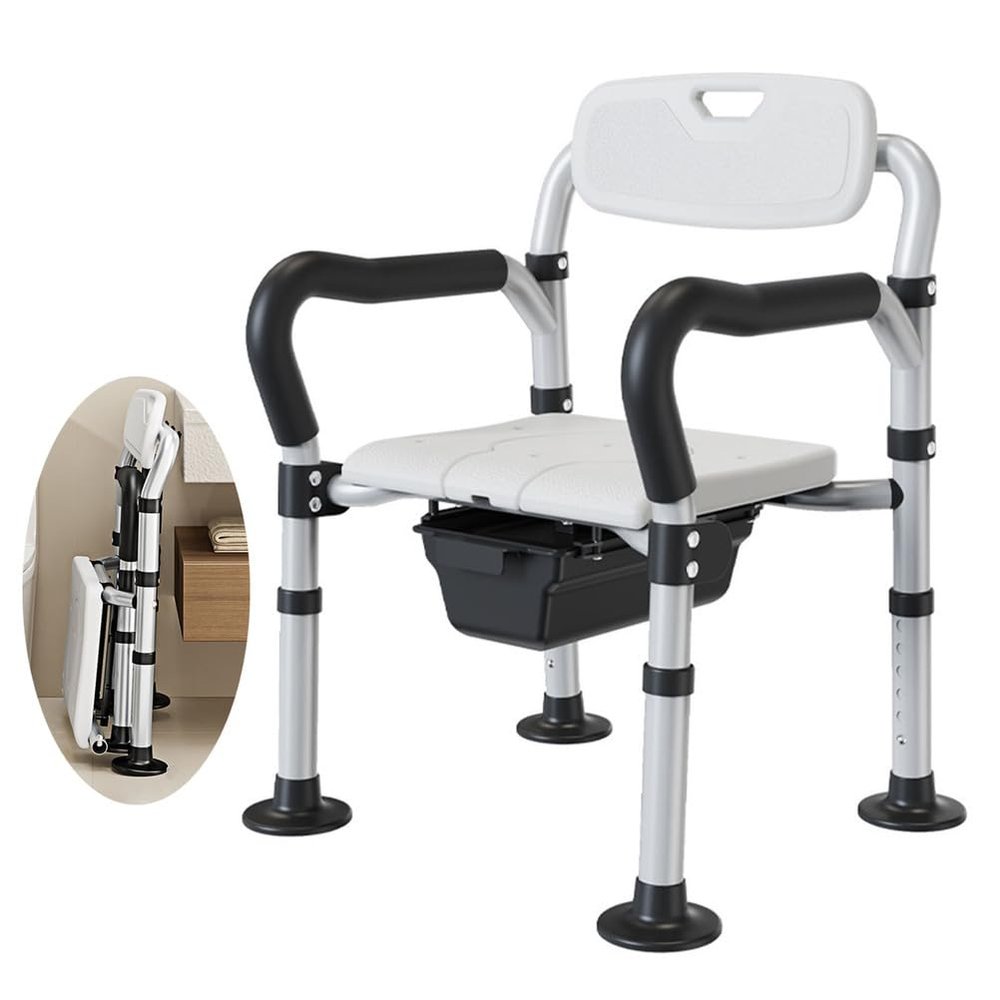 LYXFYPi Bedside Commode, Folding Toilet Chair with Arms, Multi-Functional Shower Chair Bench for Pregnant and Elderly, Safety Aid for Seniors Up to 220 Lbs