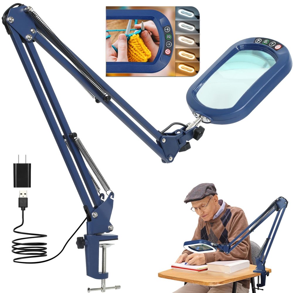 10X Large Magnifying Glass with Light and Clamp, Real Glass, 5 Color Modes, Stepless Dimmable, Lighted Magnifier with Stand Hands Free, LED Swing Arm Desk Lamp for Close Work, Craft, Reading - Blue