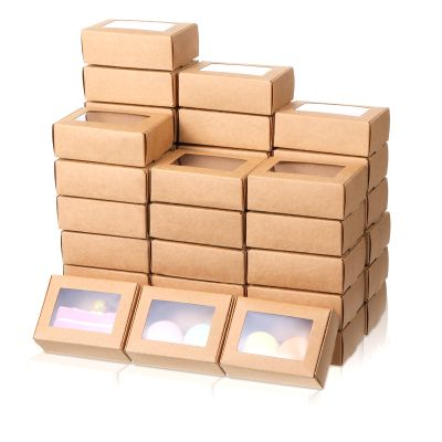 100 Pcs Soap Packaging Boxes with Window, 3.55x2.4x1.2 Inch Small Brown Soap Soap Packaging Boxes, Mini Soap Gift Boxe for Wedding, Birthday, Party, Bakery Candy Cookies Packaging, Easy to Assemble