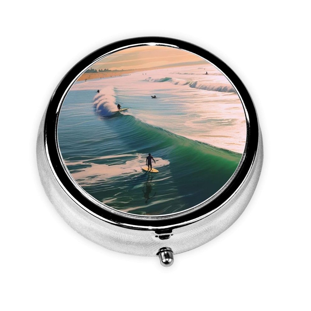 Round Pill Case for Purse or Pocket 2 Compartment Medicine Pill Box Portable Small Pill Organizer Beach Surf Pillbox Travel Medicine Vitamin Cod Liver Oil Storage Box