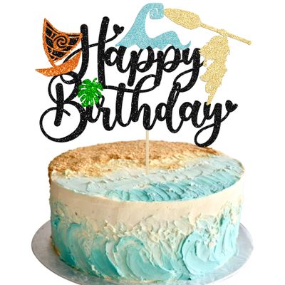 Gyufise 1Pcs Summer Cake Topper Glitter Tree Flower Happy Birthday Cake Pick Decoration for Tropical Hawaiian Luau Theme Baby Shower Kids Birthday Party Cake Decorations Supplies Black