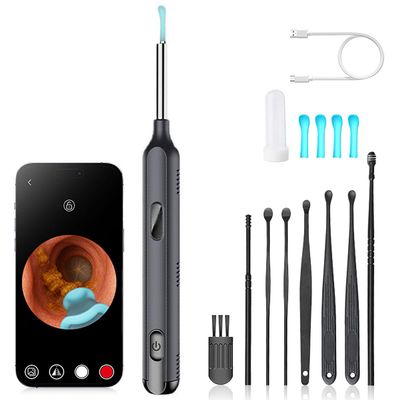 Children's and Adult Ear Wax Removal Earwax Removal kit, Earwax Spoon, Digging and Tweezers, LED Light and Magnifying Glass, IPX5 Waterproof, with 8 earplug Sets +4 Soft Silicone Ear Spoons (Black)