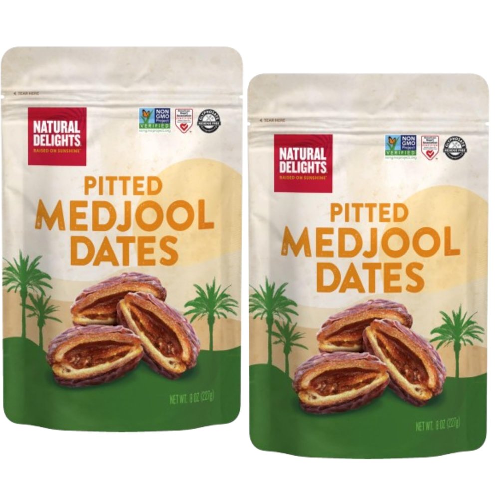 Natural Delights Medjool Dates Pitted - Non-GMO Verified Fruit, Good Source of Fiber & Potassium, Naturally Sweet, Snack for On-The-Go, Large & Plump Dates - 8 oz Pouch (Pack of 2)