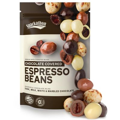 Snackathon Chocolate Covered Espresso Beans, 4 Chocolate Blend (Dark, Milk, White, Marbled), Bulk 1 Pound Bag, Gourmet Snack for Coffee Lovers