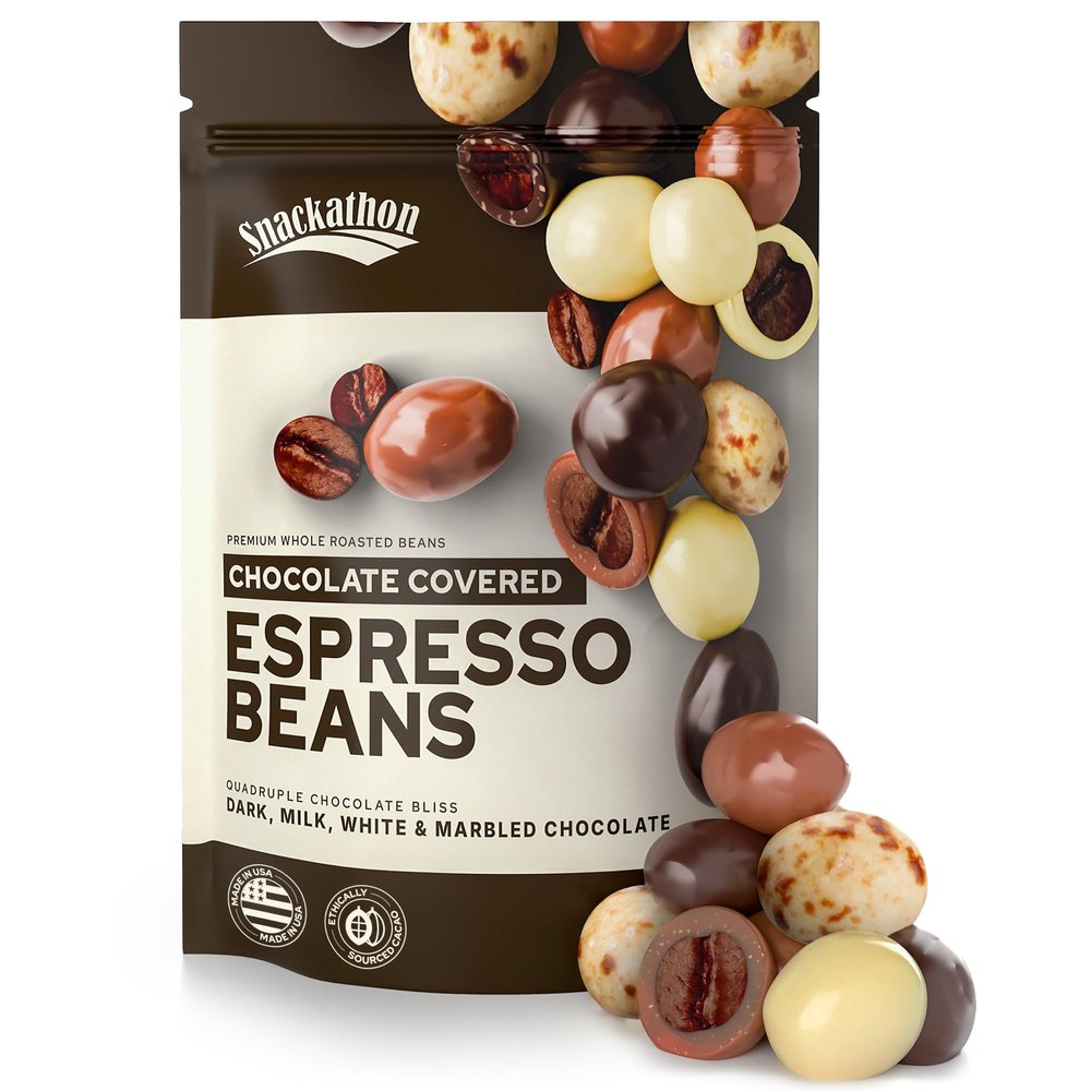 Snackathon Chocolate Covered Espresso Beans, 4 Chocolate Blend (Dark, Milk, White, Marbled), Bulk 1 Pound Bag, Gourmet Snack for Coffee Lovers