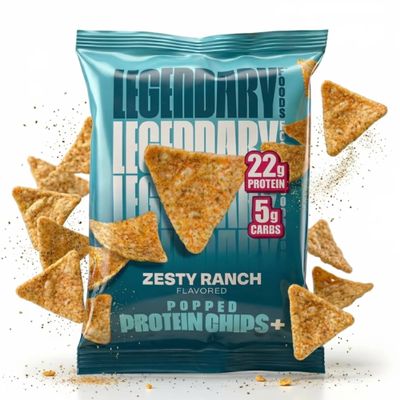 Legendary Foods Zesty Ranch Protein Chips - Popped Tortilla Style - 22g High Protein, 5g Carbs, Low Sugar, Gluten Free, Keto Snack Packs - 10 Pack - Healthy Crunchy Chips