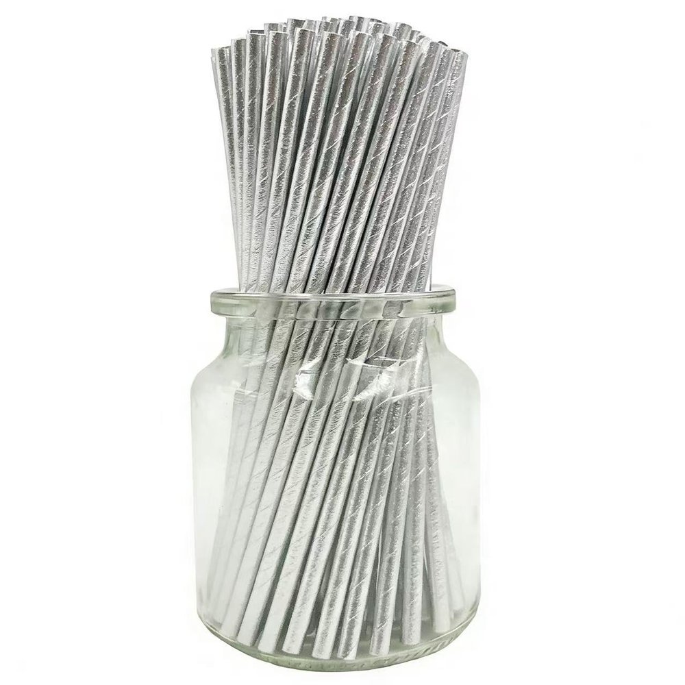 Metallic Silver Solid Paper Drinking Straws, 100 Pack Disposable Shiny Foil Straws for Cocktails, Coffee Bar, Wedding, Birthday Party Decor & Cake Pops