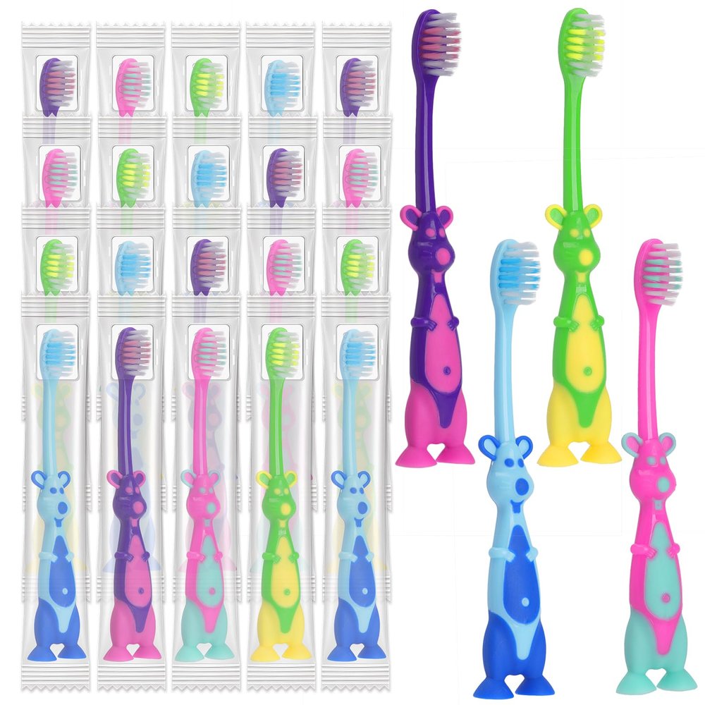 Akulgaci 200 Pack Kids Toothbrush Bulk Soft Bristles Toddler Cute Toothbrush with Suction Cup, Includes Travel Covers, Individually Wrapped Toothbrushes for Kid Home School Daycare Camp (Kangaroo)