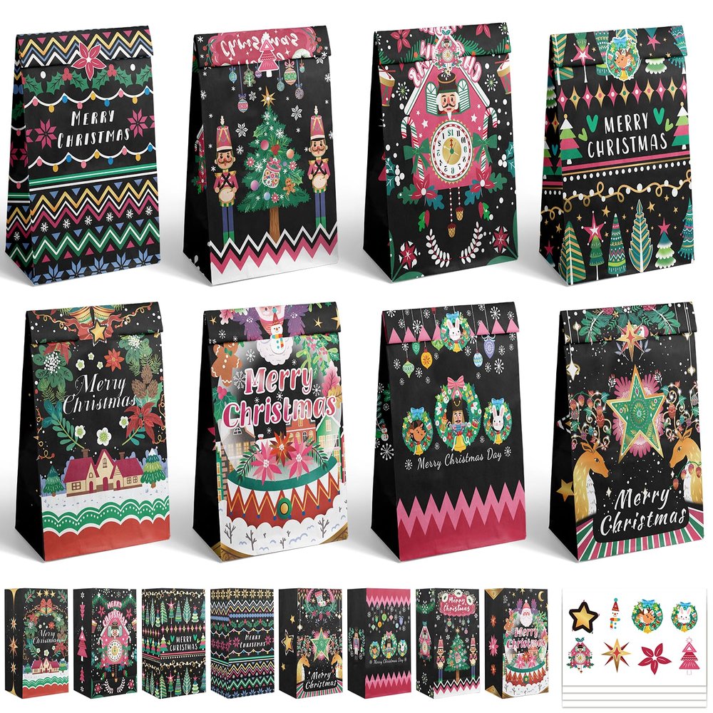 qiqee 64Pcs Christmas Treat Paper Bags Black Mini Xmas Party Candy Goodie Snack Bags For Holiday Gift Giving (64 Stickers 5"x3"x9.5")