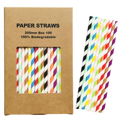 100 Pcs Mixed 10 Colors Striped Paper Straws, Assorted Restaurant Coffee Milk Juice Party Drinking Straws, Black Blue Pink Green Orange Brown Yellow Purple Red Cake Pop Sticks (Colorful Stripes)