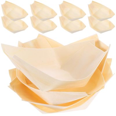 Tofficu 100PCS Disposable Wood Boat Plates Dishes: Sushi Boat Plates for Appetizers, Salad, Dessert | Small Boats Serving Trays, Bamboo Wooden Plate (8.5x6cm)