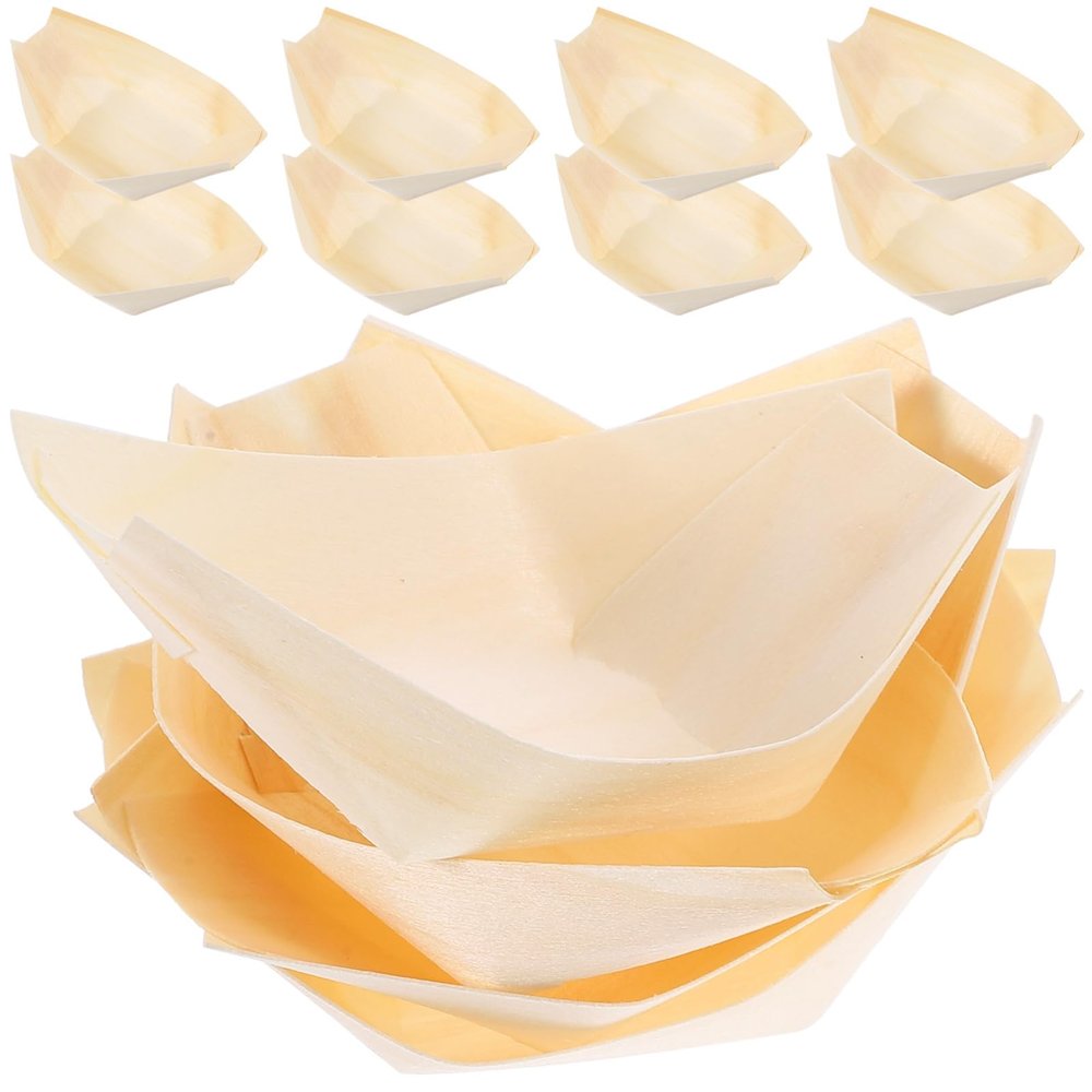Tofficu 100PCS Disposable Wood Boat Plates Dishes: Sushi Boat Plates for Appetizers, Salad, Dessert | Small Boats Serving Trays, Bamboo Wooden Plate (8.5x6cm)