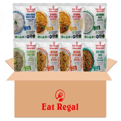 Eat Regal Rice Variety Pack 8 Pouches (8.8 oz) | 6 Flavors: Spanish, Thai Jasmine, Long Grain, Cilantro Lime, Mexican, Veg Fried Ready in 1.5 Minutes Non-GMO, Gluten-Free