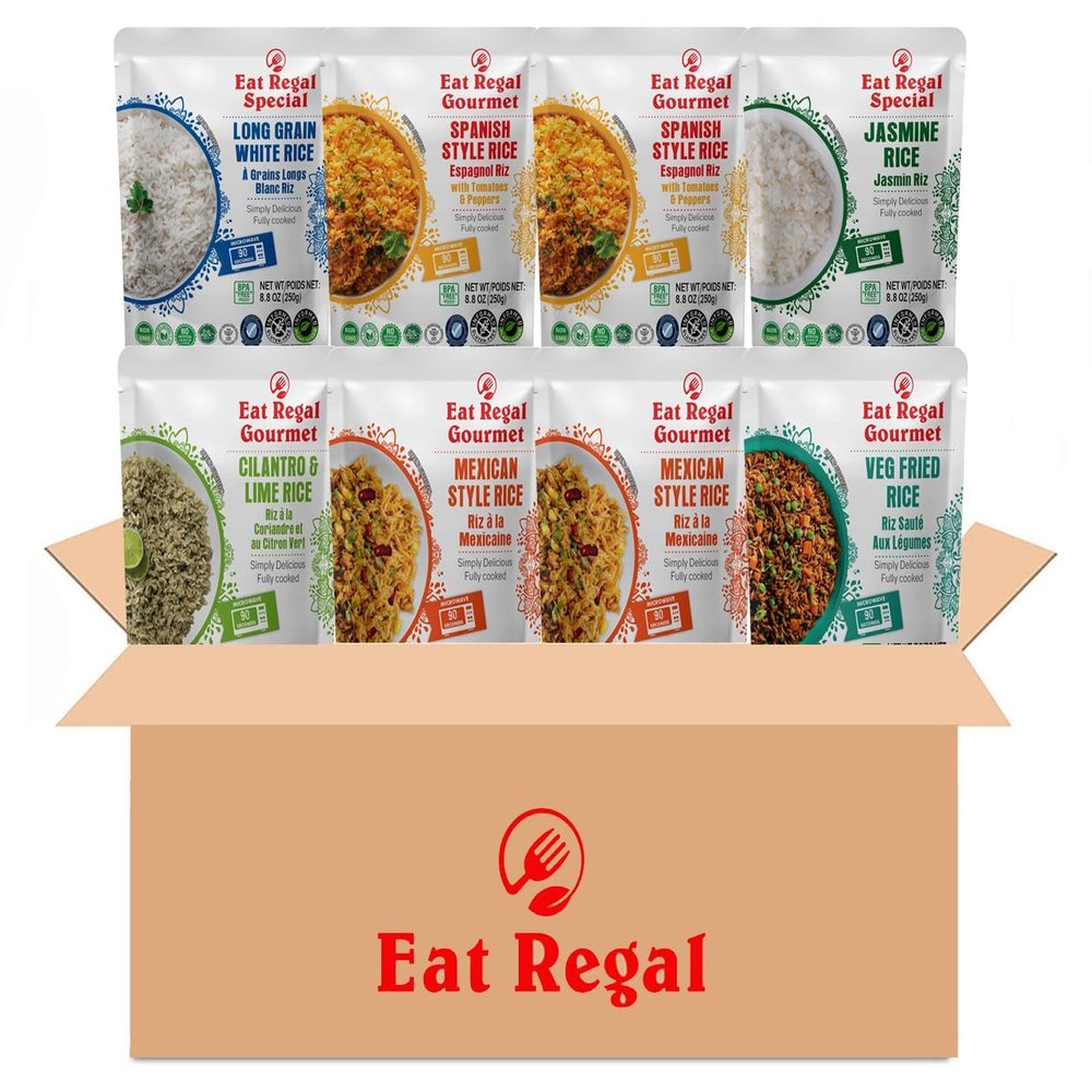 Eat Regal Rice Variety Pack 8 Pouches (8.8 oz) | 6 Flavors: Spanish, Thai Jasmine, Long Grain, Cilantro Lime, Mexican, Veg Fried Ready in 1.5 Minutes Non-GMO, Gluten-Free
