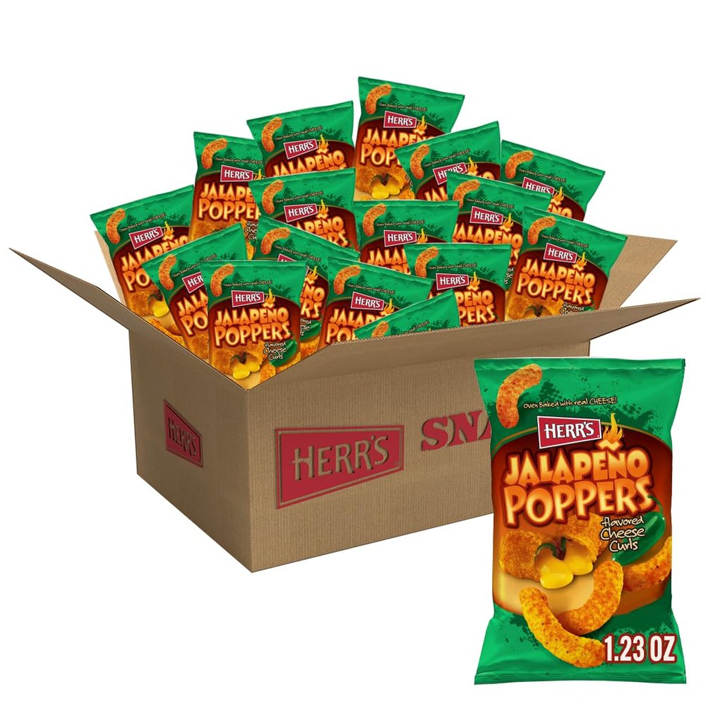 Herr's Jalapeo Poppers Flavored Cheese Curls - Made with Cheddar Cheese - 1.23 Ounce (Pack of 24) Great for Bold Flavor Fans