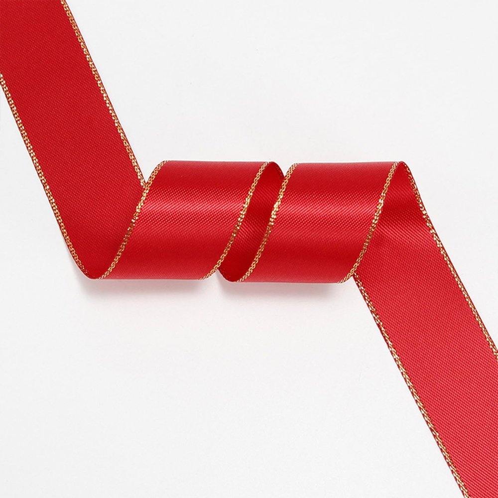 Red Ribbon, 1-1/2 inch x 50 Yards Double Faced Red Satin Ribbon with Gold Edge, Delicate for Gift Wrapping, Flower Bouquet, DIY Crafts, Christmas, Hair Bow, Holiday, Party Decorations