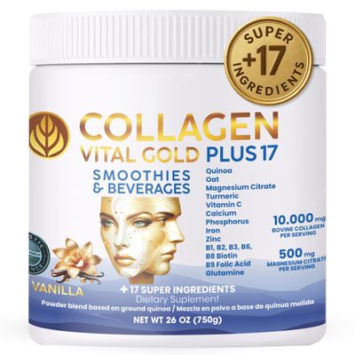 Vital Life, Collagen Peptides Powder Hydrolyzed Collagen with BioSynergy Formula & 17 Super Ingredients, Vanilla Flavor, 26 oz, Supports Hair, Skin, Nails, Bones & Joint Health for Women & Men.