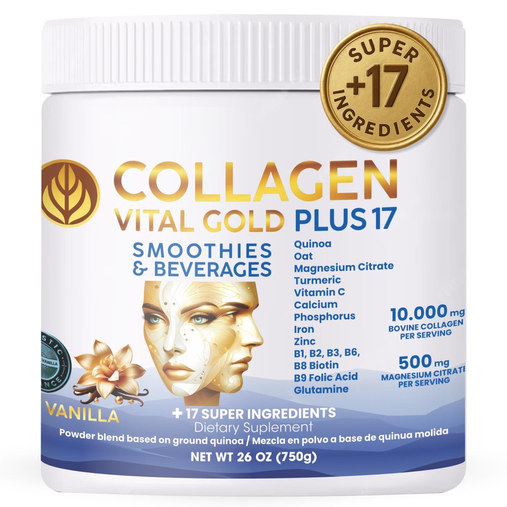 Vital Life, Collagen Peptides Powder Hydrolyzed Collagen with BioSynergy Formula & 17 Super Ingredients, Vanilla Flavor, 26 oz, Supports Hair, Skin, Nails, Bones & Joint Health for Women & Men.