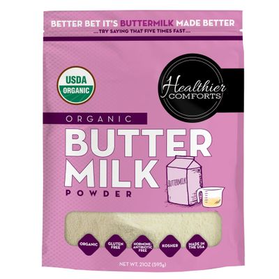 Healthier Comforts Organic Buttermilk Powder | USDA Certified, Kosher, Gluten Free, Non-GMO | Baking Supplies, Biscuits & Gravy, Mini Pancakes 7oz
