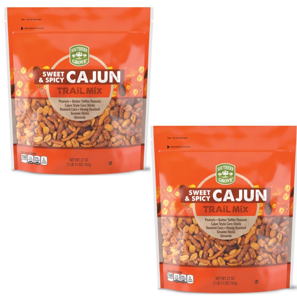 2-COUNT BAGS - Southern Grove Sweet & Spicy Cajun Trail Mix 1 lb 11 oz butter toffee peanuts, roasted corn, almonds, cajun style corn sticks, peanuts, almonds, and sesame sticks