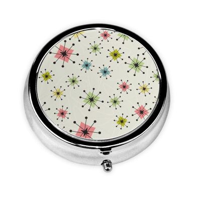 ZERAOKE Round Small Pill Case for Purse, Portable 3 Compartment Daily Pill Organizer for Travel, Atomic Stars Compact Metal Pill Box, Pocket Pill Fob for Vitamins & Medication