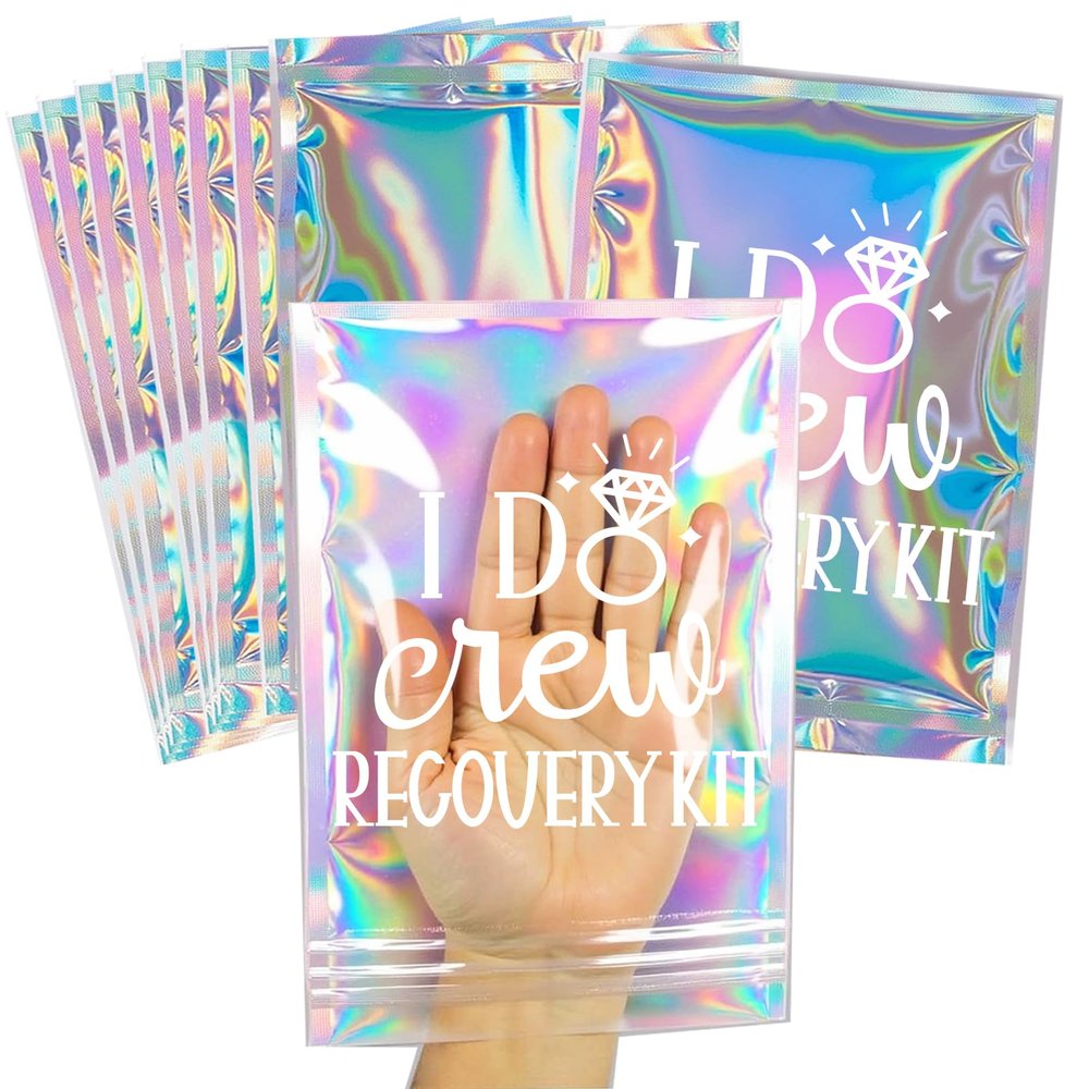10 Pcs I Do Crew Recovery Kit BagsPre-Printed Holographic Resealable Bags(Without Self-Care Kits),Ideal for Bachelorette Party Favors and Birthday Hangover Kits(5" x 7")