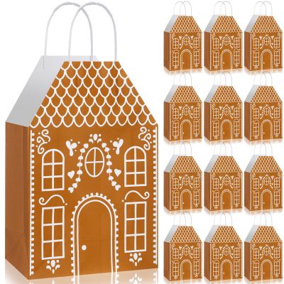 Kolldenn 24 Pcs Christmas Gingerbread House Gift Bags with Handles House Gingerbread Shaped Treat Candy Goodies Paper Bags Bulk Winter Snow Wrapping Paper for Christmas Holiday Party Favor(Classic)