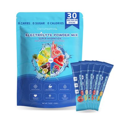 Electrolyte Powder Packets Sugar Free Hydration Drink Mix with 5 Key Electrolytes Magnesium Sodium Potassium Zinc Calcium Vitamin C 30 Travel Packs, 6 Fruity Flavors Zero Sugar Keto & Vegan Friendly