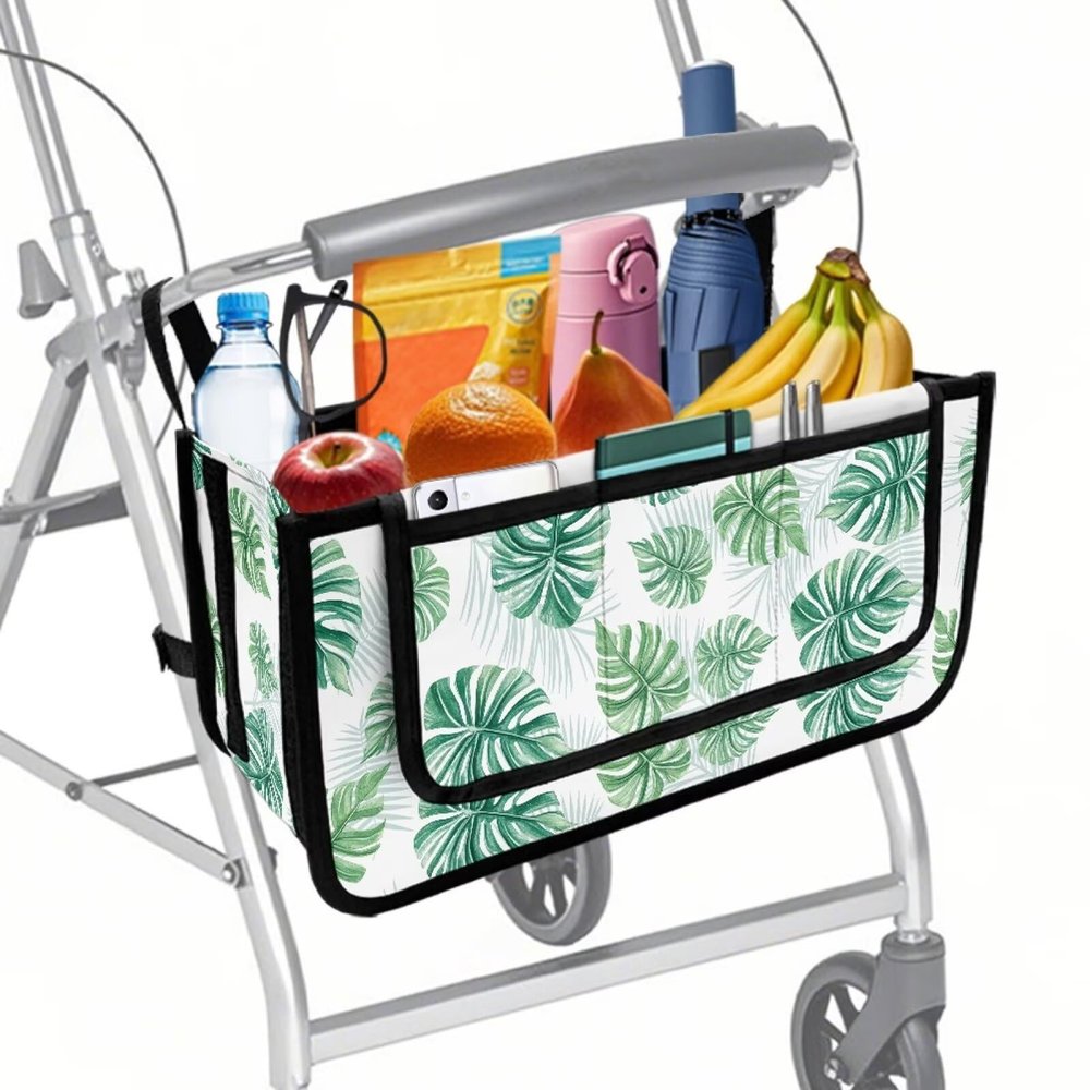 Babrukda Tropic Palm Leaves Rollator Baskte for Seniors Walker Storage Bags Foldable Wheelchair Bag Large Capacity Walker Pouch with Multi Pockets for Elderly Rollator Accessories