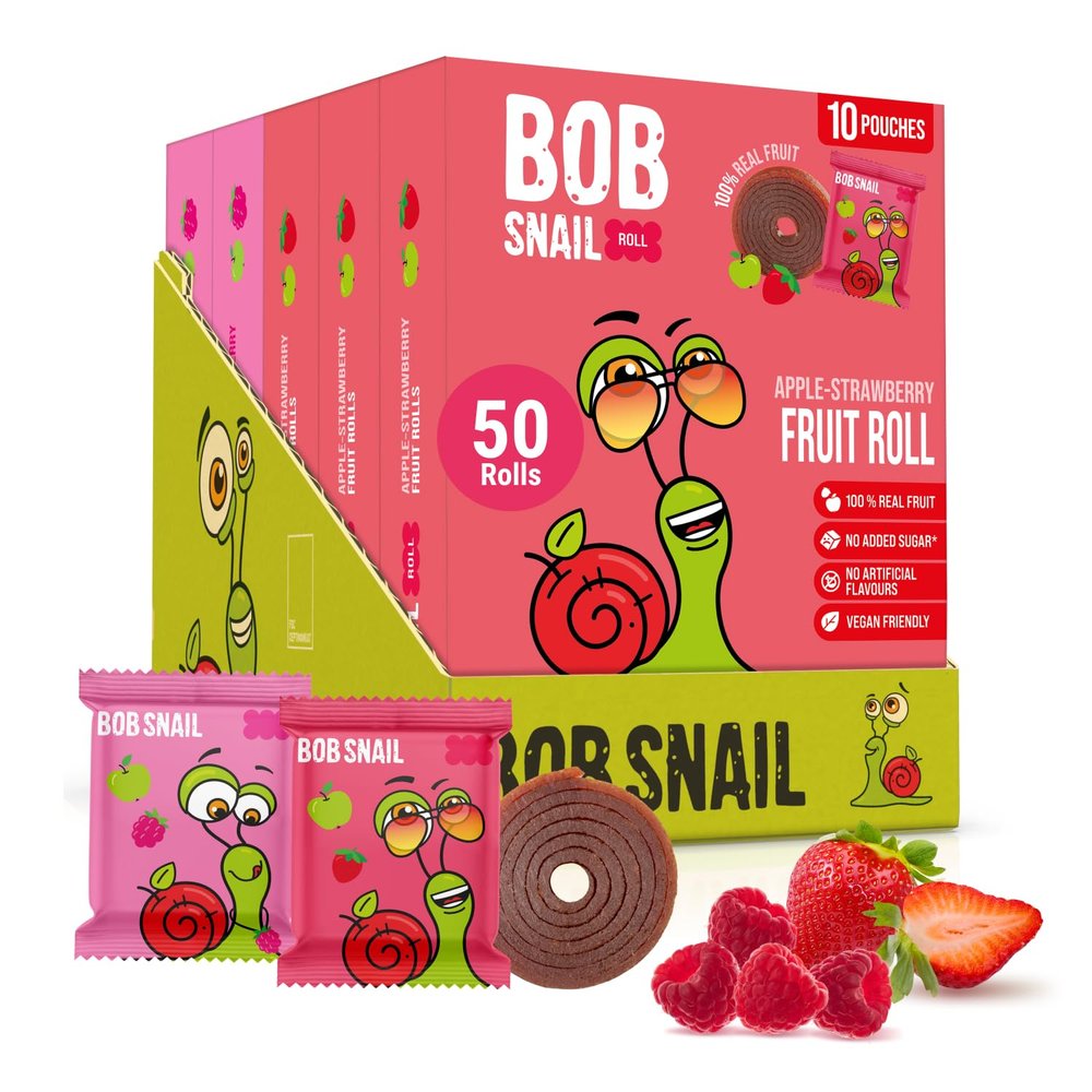 Bob Snail Fruit Roll Ups 50 Natural Fruit Snacks (Strawberry & Raspberry), Vegan, No Added Sugar, Healthy On-the-Go Pack, 500g