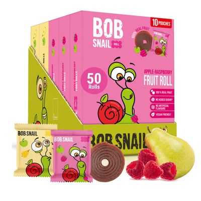 Bob Snail Fruit Roll Ups 50 Natural Fruit Snacks (Pear & Raspberry), Vegan, No Added Sugar, Healthy On-the-Go Pack, 500g