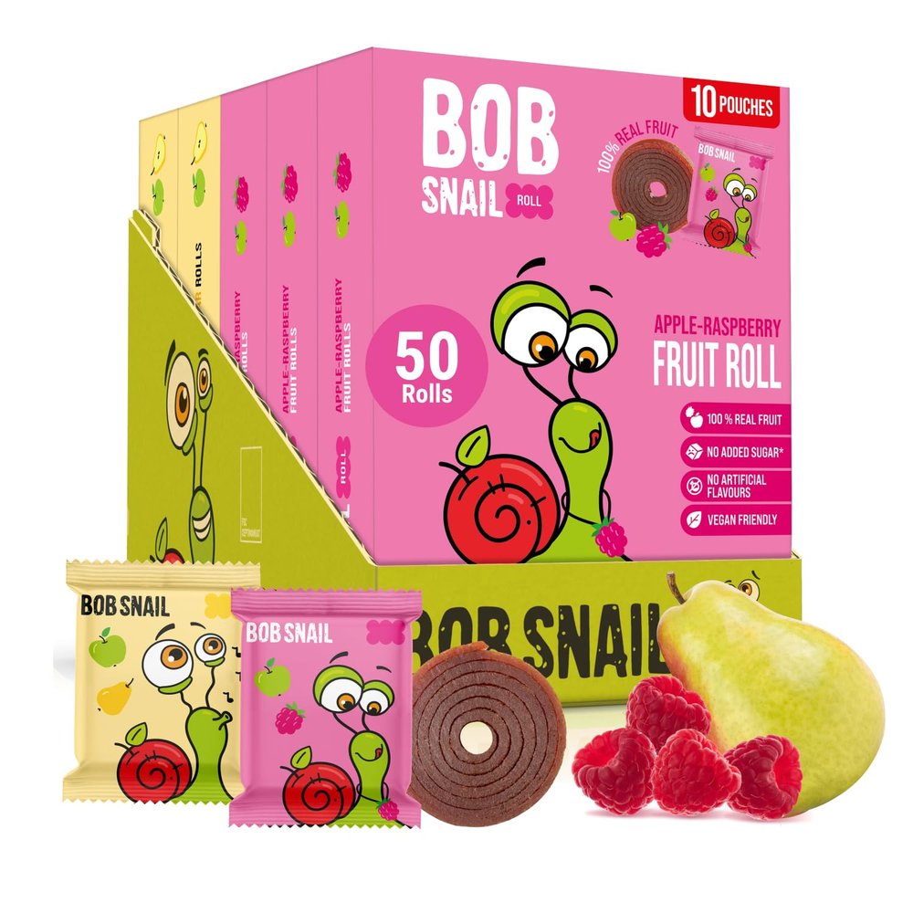 Bob Snail Fruit Roll Ups 50 Natural Fruit Snacks (Pear & Raspberry), Vegan, No Added Sugar, Healthy On-the-Go Pack, 500g